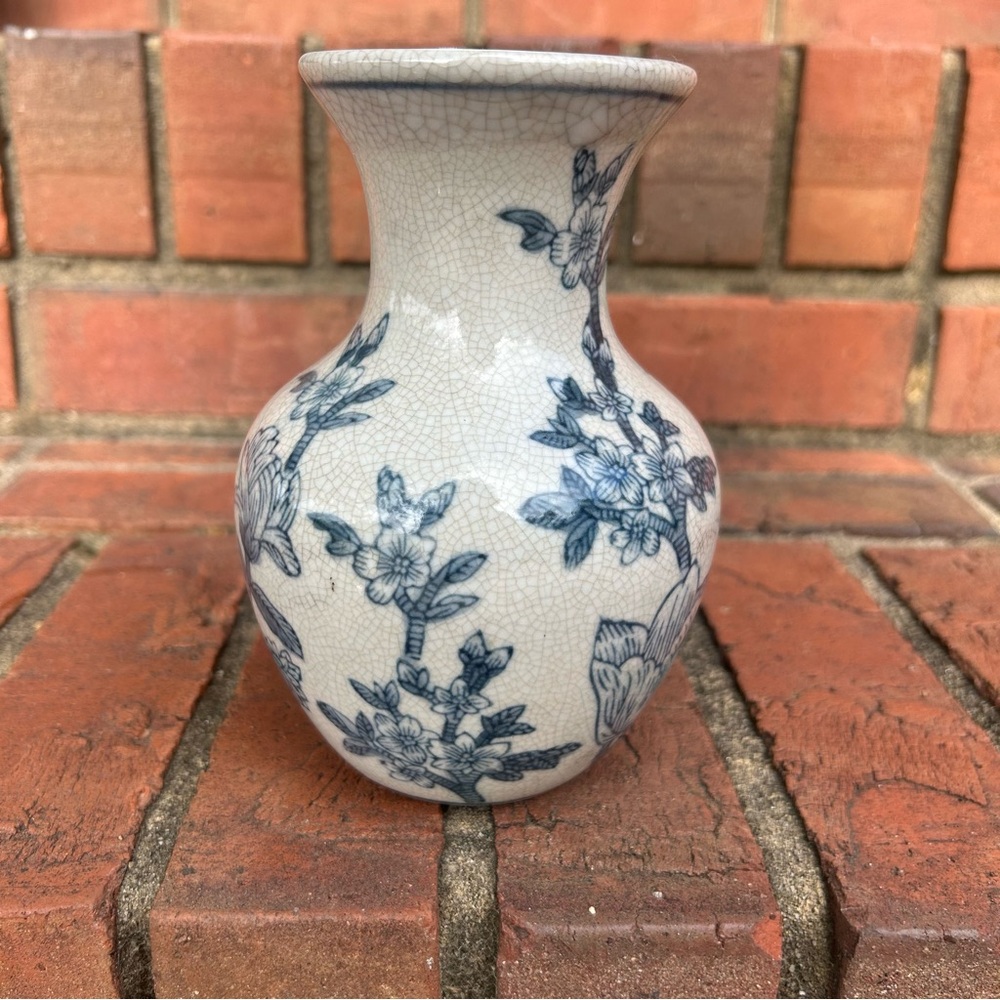 TWOS COMPANY Japanese Blossoms Blue & Cream Vase